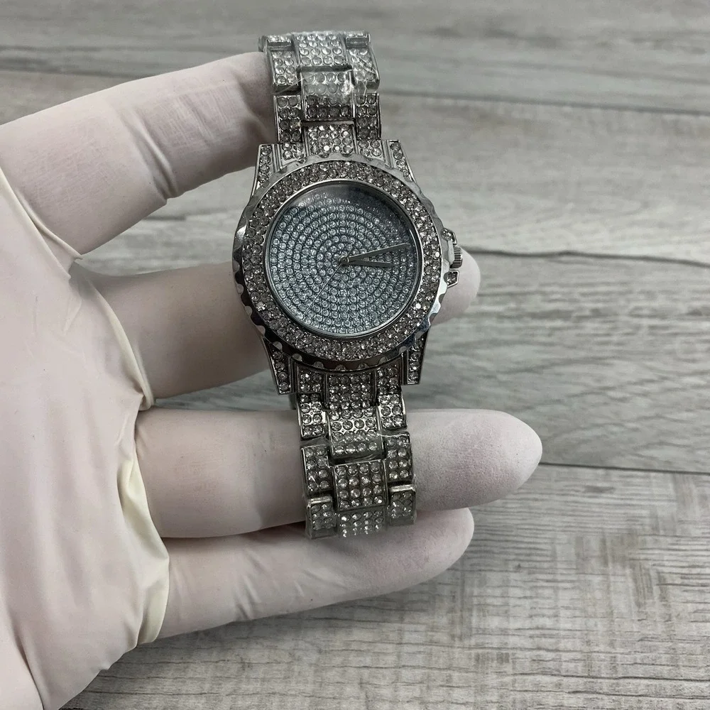 Rhinestone‎ Stainless Steel Big Round Woman's Watch Stainless Steel Bracelet